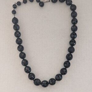 Vintage HOBE Faceted Black Glass Metal Strung Beaded Necklace